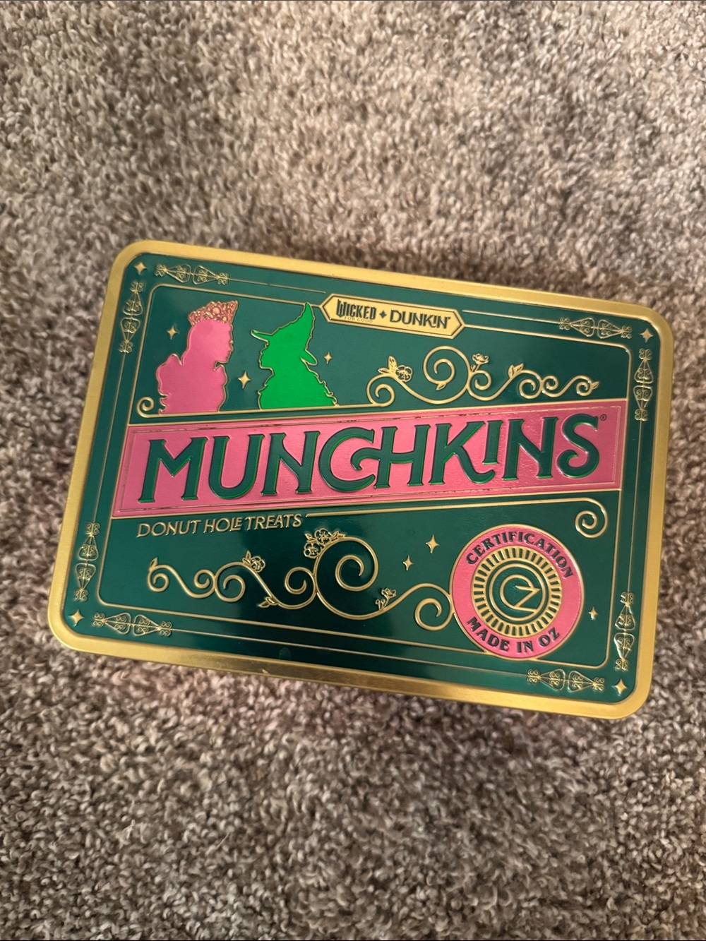 Wicked + Dunkin Munchkins Decorative Green and Pink Tin
